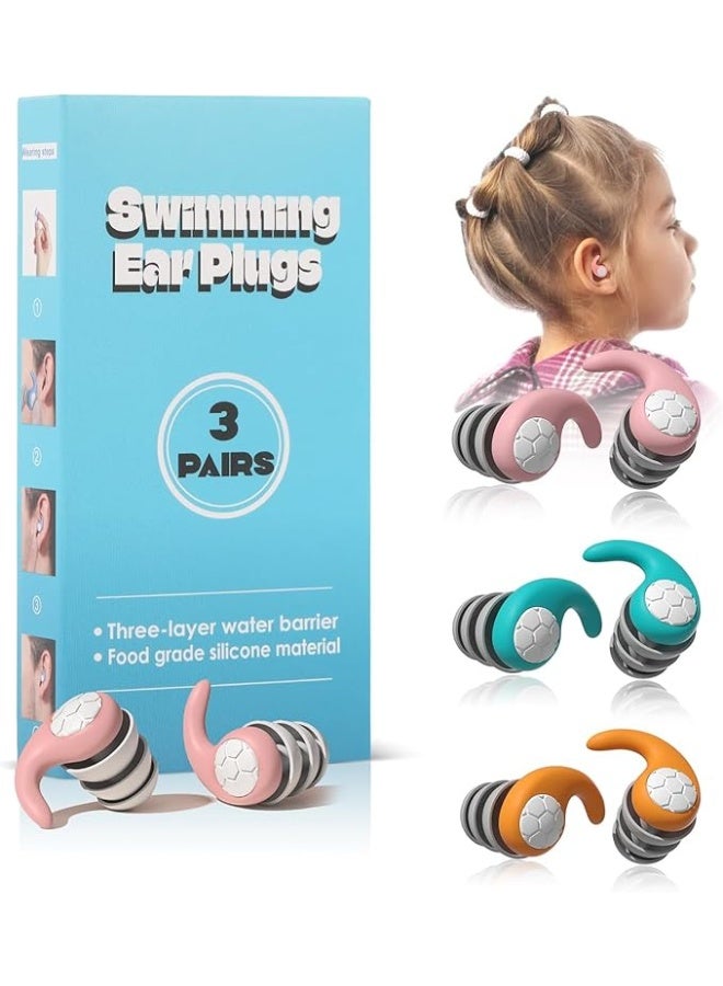 سدادات أذن للسباحة للأطفال – 3 أزواج من سدادات الأذن المصنوعة من السيليكون المقاوم للماء مع عزل للضوضاء، مثالية للاستحمام، ركوب الأمواج، السباحة، الغوص والرياضات المائية الأخرى (أزرق سماوي، برتقالي، وردي – مناسبة للأطفال من 5 إلى 12 سنة) - Image 1